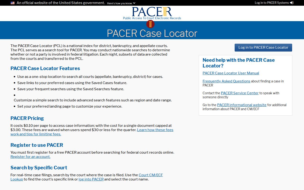 Washington County case search federal PACER Case Locator interface
