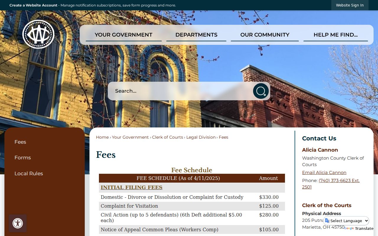 Washington County civil docket Clerk Legal Division fees and copy charges page