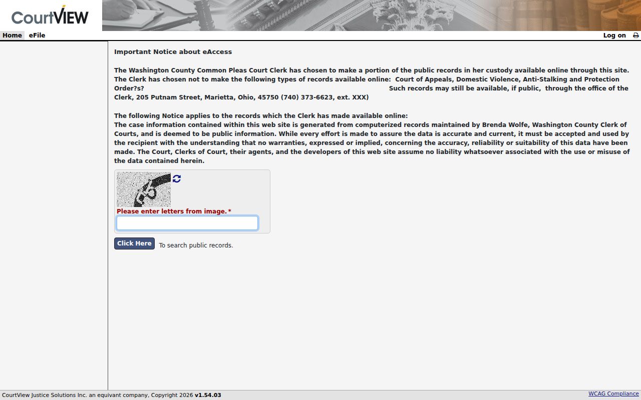 Washington County criminal docket CourtView eAccess public search welcome screen