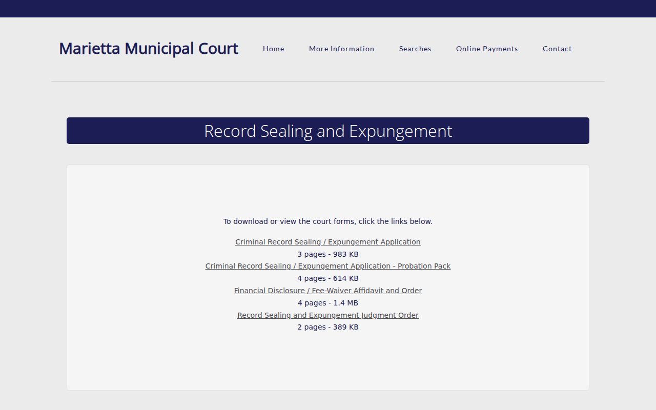 Washington County criminal docket Municipal Court sealing and expungement forms page