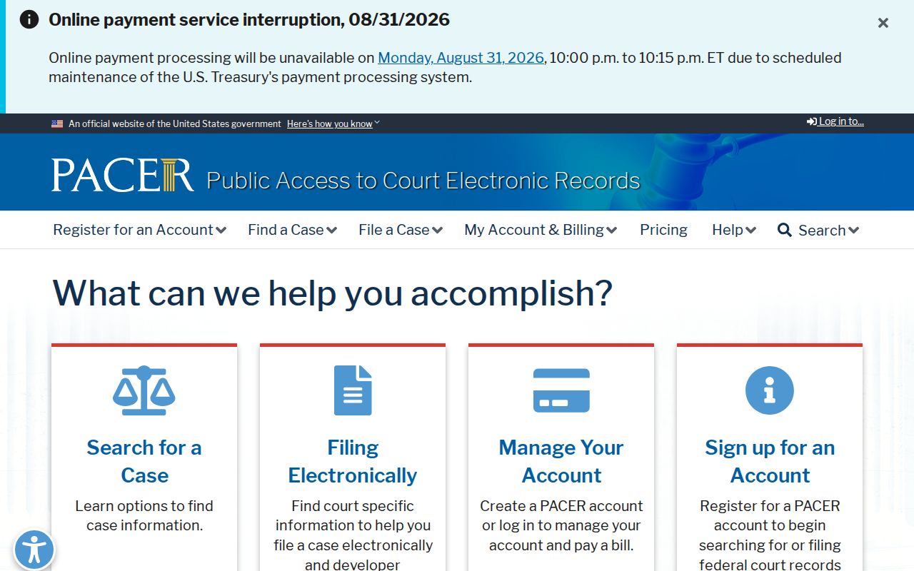 Washington County court docket federal PACER access page