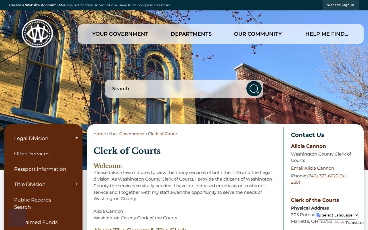 Washington County court docket Clerk of Courts page